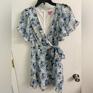 Miami for Francesca Blue Floral Wrap Dress with Ruffle Sleeves